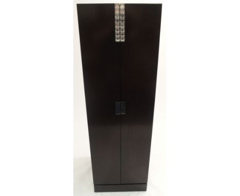 A BLACK SELVA COCKTAIL CABINET with two doors, chrome fittings, internally fitted with mirror back, glass racks, shelves, dra