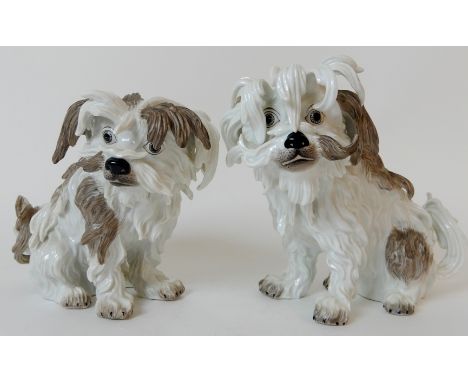 A PAIR OF SAMSON MEISSEN STYLE BOLOGNESE TERRIERS after J.J. Kaendler, each with painted brown fur patches and details, both 