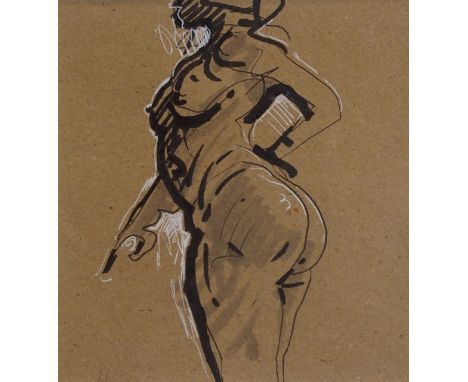 •PETER HOWSON OBE (SCOTTISH B. 1958) STANDING FEMALE NUDE; BALANCING NUDE Pen, ink and gouache, signed, 13 x 12cm (5 x 4 3/4"