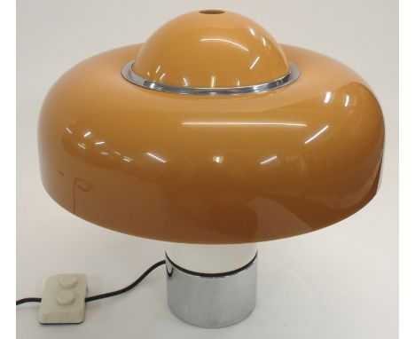 A LUIGI MASSONI FOR GUZZINI "BRUMBRY" MUSHROOM TABLE LAMP with light brown acrylic shade with white stem and chrome base, 44c