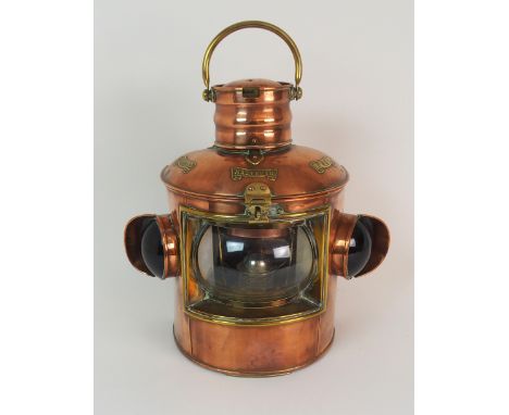 A VICTORIAN COPPER PORT &amp; STARBOARD SHIPS LANTERN with hinged top and swing handle, with interior fitments, 36cm high x 2