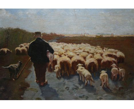 DUTCH SCHOOL (19TH CENTURY) SHEPHERD AND HIS FLOCK Oil on canvas, 25.5 x 35.5cm (10 x 14") Condition Report: On close inspect