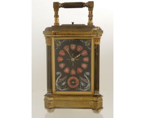A LATE 19TH CENTURY FRENCH BRASS REPEATER CARRIAGE CLOCK the black enamel dial marked Le Roy and Son, 57 New Bond Street Lond