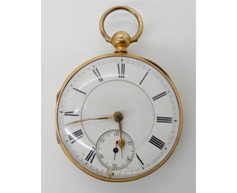 AN 18CT GOLD JAMES FORREST &amp; CO OPEN FACE POCKET WATCH with a white enamel dial black Roman numerals and subsidiary secon