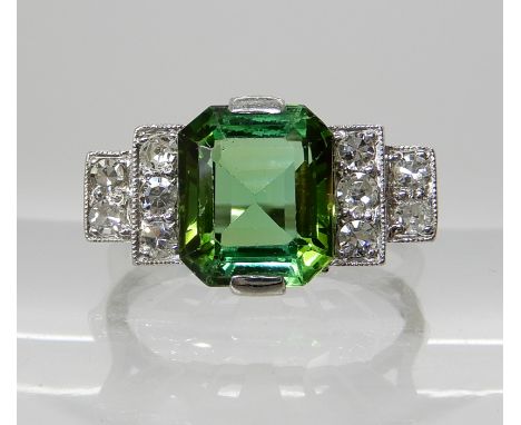 AN 18CT WHITE GOLD ART DECO STYLE TOURMALINE AND DIAMOND RING the tourmaline is bi-colour blue/green and bright green, approx