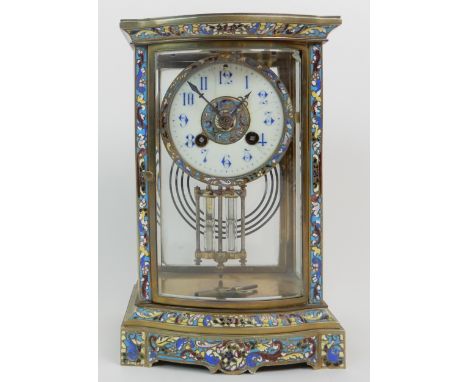 A FRENCH CHAMPLEVE ENAMEL MANTLE CLOCK the dial with white enamelled chapter ring and Arabic numerals, the case marked 272, t