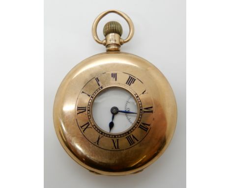 A 9CT GOLD ZENITH HALF HUNTER POCKET WATCH hallmarked Birmingham 1922- 23, inscribed to the dust cover 1923, white dial, with