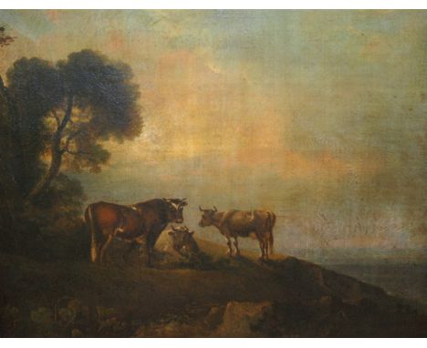 CONTINENTAL SCHOOL (18TH CENTURY) CATTLE ON A HILLSIDE Oil on canvas, 49.5 x 62.5cm (19 1/2 x 24 1/2") Condition Report: The 