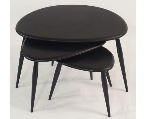 A SET OF ERCOL BLACK PEBBLE NEST OF THREE TABLES 40cm high x 65cm wide Condition Report: Available upon request
