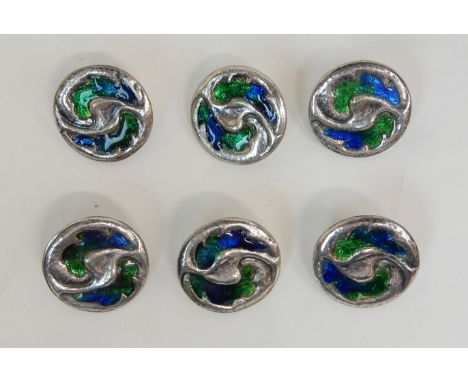 A CASED SET OF SIX ARTS AND CRAFTS SILVER AND ENAMEL BUTTONS by William Hair Haseler, Birmingham 1907 (probably for Liberty),