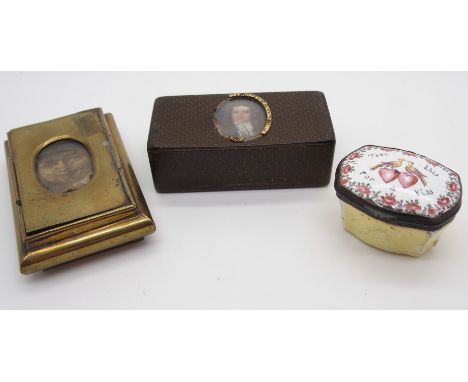 A SMITH OF MAUCHLINE SNUFF BOX with hinged lid, the lid decorated with painted oval portrait of a gentleman, foiled interior,