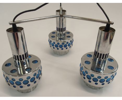 A 1970'S THREE BRANCH CEILING LIGHT the three chrome lights with blue bubble perspex insets with clear perspex inner shades, 