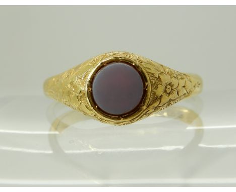 AN 18CT GOLD AGATE SET SIGNET RING WITH FLORAL ENGRAVED SHOULDERS dated Birmingham 1897, finger size Y1/2, weight 6.6gms Cond