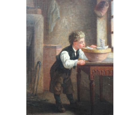 Michel Arnoux (French, 1833-1877), oil on mahogany panel, Interior with boy playing with model sailing boats, signed, 24 x 18