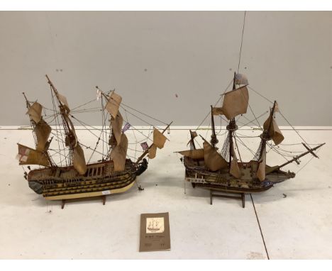 A kit built model of HMS Victory with booklet, length 75cm, together with one other model boat. Condition - fair