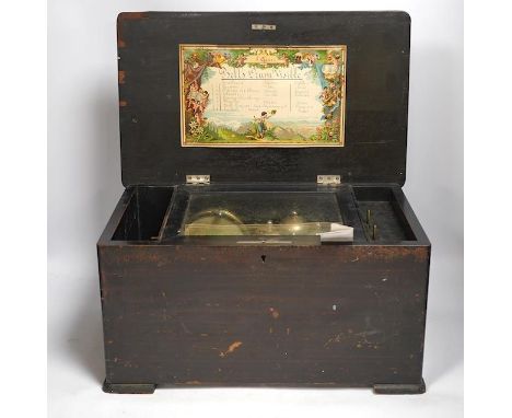 A 19th century Swiss cylinder, bells in sight eight air music box. Condition - poor with missing teeth to the comb, but curre