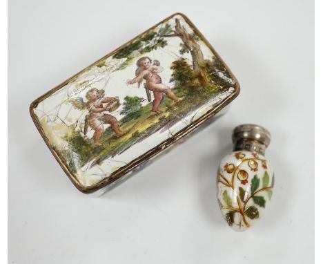An 18th century French enamel snuff box and a late 19th century silver mounted porcelain scent bottle, largest 7.5cm. Conditi