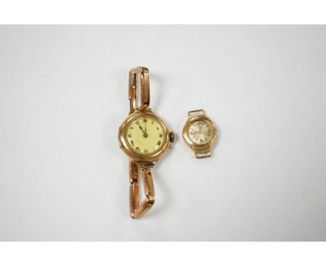 A lady's early 20th century 9ct gold manual wind wrist watch, on a 9ct expanding bracelet, gross weight 19.4 grams, together 