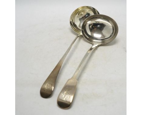 A George III silver Old English pattern soup ladle, George Smith, London, 1786, 33cm and a later silver fiddle pattern soup l