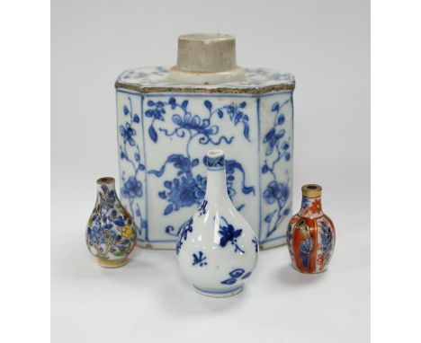 Chinese Kangxi porcelain comprising a blue and white tea caddy and three miniature vases, tallest 11cm (4). Condition - poorT