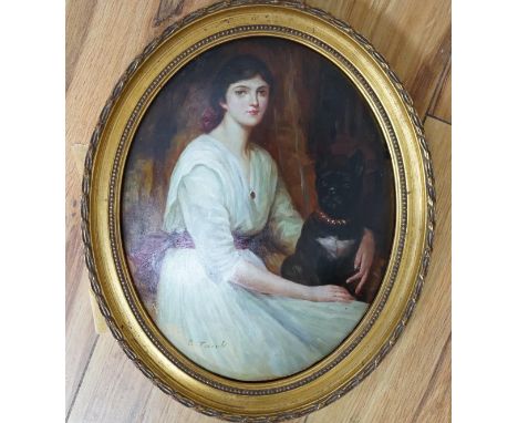 F. Jacob, oval oil on moulded composition, Study of a young lady with a dog, signed, 24 x 19cm, gilt frame. Condition - fair 