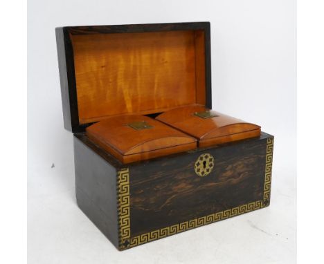 An early 19th century brass inlaid coromandel tea caddy with birch lining, 25cm wide. Condition - fair