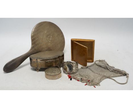 Sundry silver and other items including a George V silver trinket box, silver saucers/stands, silver dish, hand mirror, napki