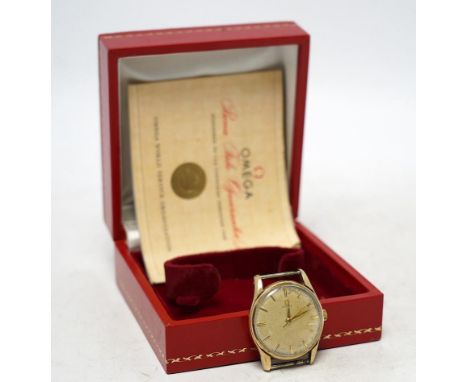 A gentleman's 9ct gold Omega manual wind wrist watch, no strap, case diameter 34mm, with Omega box. Condition - poor