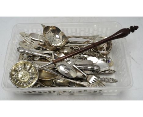 A collection of assorted mainly 19th century and later small silver and white metal items, including flatware, a photograph f