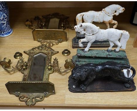 A Chinese spelter model of a tiger on hardwood plinth, a pair of Victorian painted cast iron ‘horse’ door-stops and a pair of