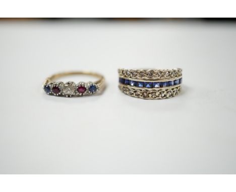 An engraved white metal sapphire ruby and diamond set swivelling triple band ring, size M/N, together with a modern 9ct gold,