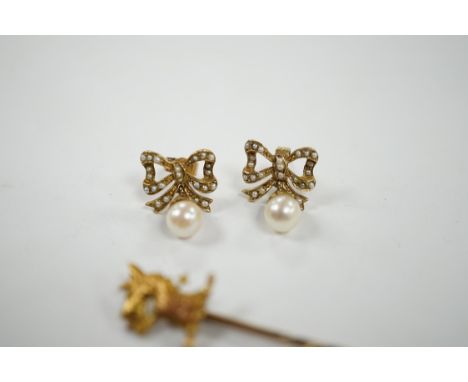 A pair of 9ct, single stone cultured pearl and seed pearl cluster set 'ribbon bow' drop ear studs, 17mm, together with a yell