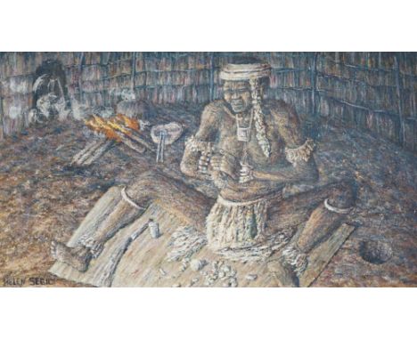 Aboriginal oil on board, Seated figure, indistinctly signed, Helen See?, 30 x 51cm. unframed. Condition - fair