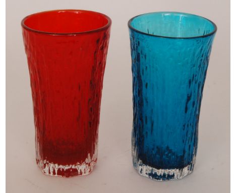 Two Geoffrey Baxter for Whitefriars Textured range Flared vases, pattern 9830 in Ruby and Kingfisher Blue, height 20.5cm