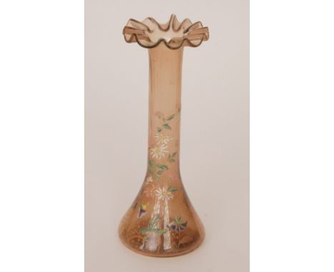 A late 19th Century Mont Joye & Cie vase with conical base rising to a fluted cylindrical neck and wave rim, transfer gilt an