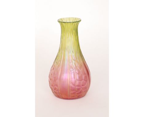 An early 20th Century Kralik glass vase of swollen ovoid form with tapered collar neck and flared rim, relief moulded with pa