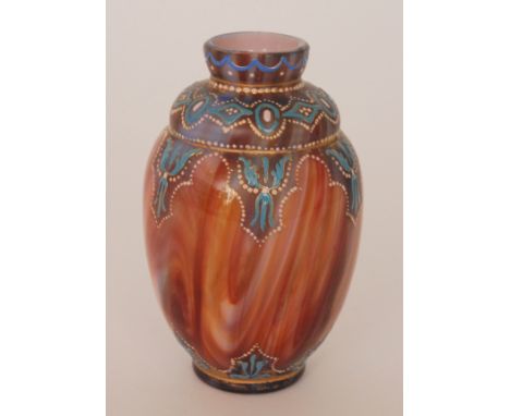 A late 19th Century Loetz Carneol vase of ovoid form with stepped collar neck, cased with a tonal orange and ruby marbling ov