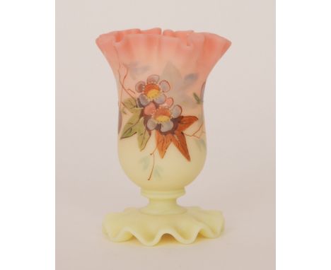 A late 19th Century Thomas Webb & Sons Queens Burmese posy vase of bell form with a tight frill rim, raised to a circular wav