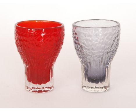 Two Geoffrey Baxter for Whitefriars Textured range Chalice vases, pattern 9835 in Ruby and Lilac, height 14cm