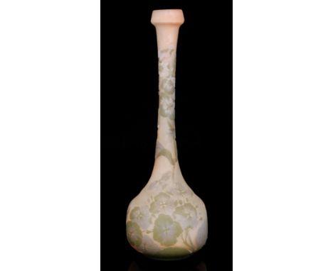 An early 20th Century Emille Galle cameo glass vase with a rounded square base below a tall slender neck and collar rim, case