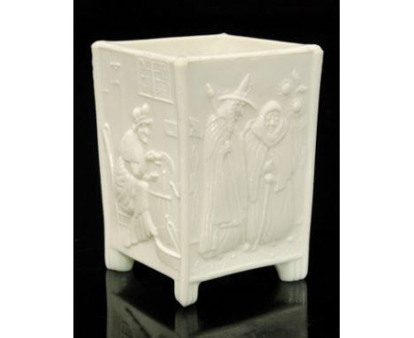 A late 19th Century Sowerby Queens Ivory pressed glass square vase decorated in relief with witches and the nursery rhyme cha