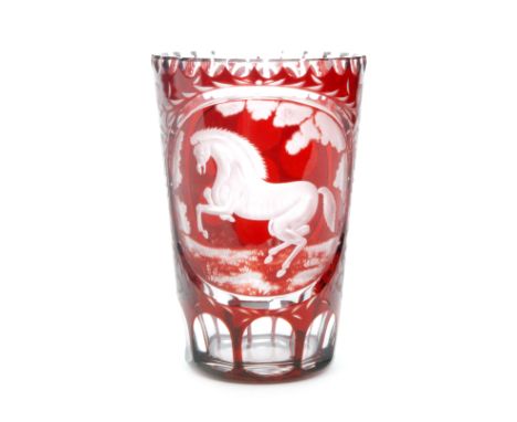 A late 19th Century Bohemian tumbler possibly Karl Pfohl, Steinschönau, cased in ruby over clear crystal and engraved with a 