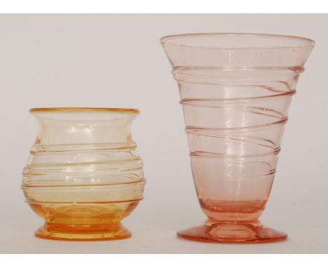 Two Barnaby Powell for Whitefriars Ribbon-trailed vases, the first a flared vase of footed form, pattern no 9296 in a pale pi