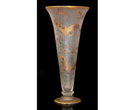 A large early 20th Century Mont Joye & Cie vase of footed trumpet form, self colour cameo cased and cut with butterflies and 