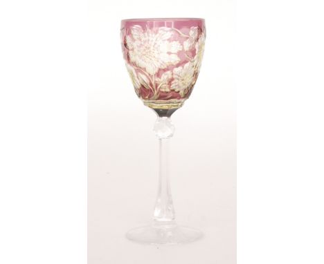 An early 20th Century Stevens &amp; Williams hock drinking glass, ovoid bowl double cased in ruby over citron over clear crys