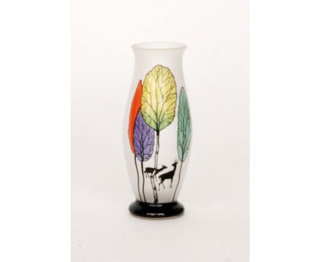A small 1930s Art Deco glass vase by Josef Pohl of footed swollen sleeve form, hand enamelled with deer amongst stylised tree