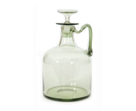 An early 20th Century Whitefriars Sea Green decanter, pattern 2091, designed by Harry Powell with a ribbed handle and flat st