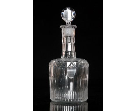 A large 18th Century cylinder decanter circa 1780, flat cut with repeat pattern below a lozenge form stopper, height 28cm. 