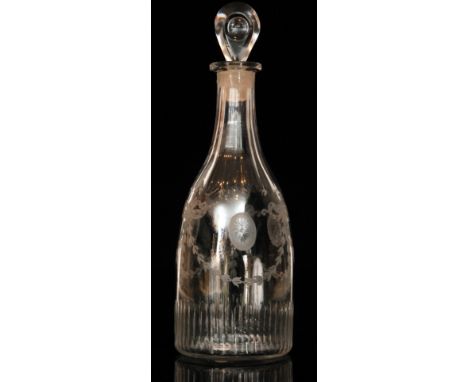 A late 18th Century decanter circa 1790, taper form with lozenge stopper, engraved in the Adams style with ribbon tied swags 