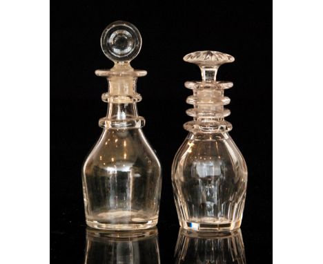 A late Georgian miniature taper form decanter circa 1810 with two ring neck and lozenge form stopper, height 11.5cm, together